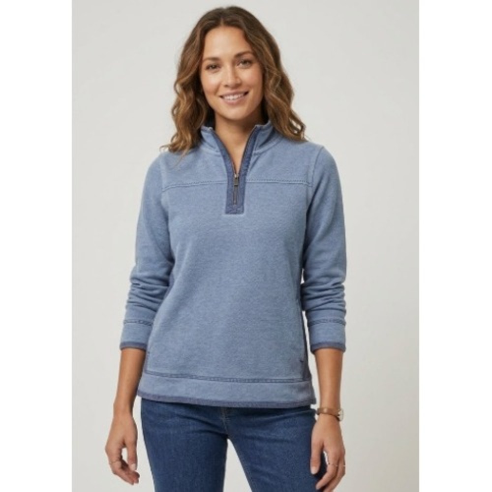 Fat Face Airlie Women's Quarter Zip Sweater Blue Cotton Pique Pullover Sz 12 EUC